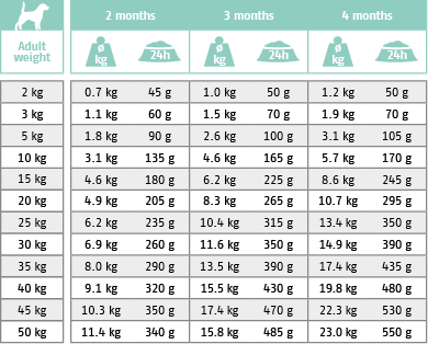 Fütterungstabelle für Trockenfutter Hund Intestinal Junior