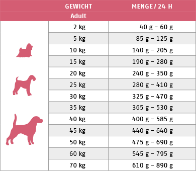 Ftterungstabelle fr Trockenfutter Hund Salmon Pack 