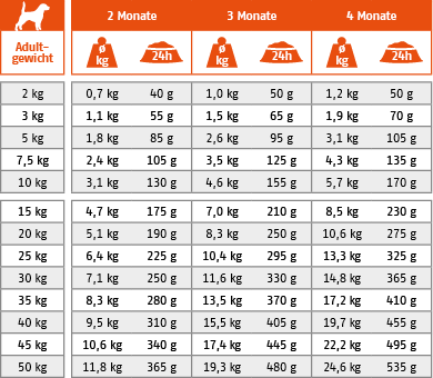 Ftterungstabelle fr Trockenfutter Hund Young Pack Mini